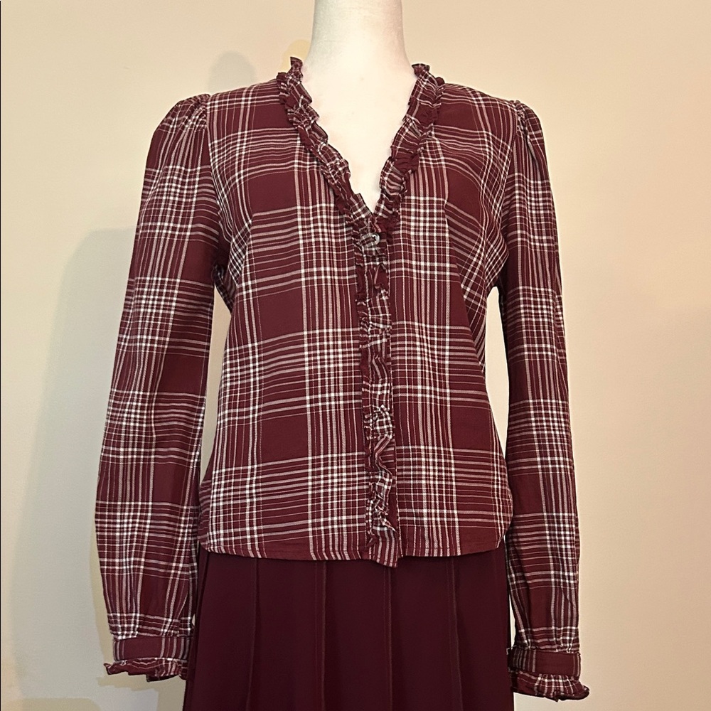 Evereve Burgundy Checkered Ruffle Blouse